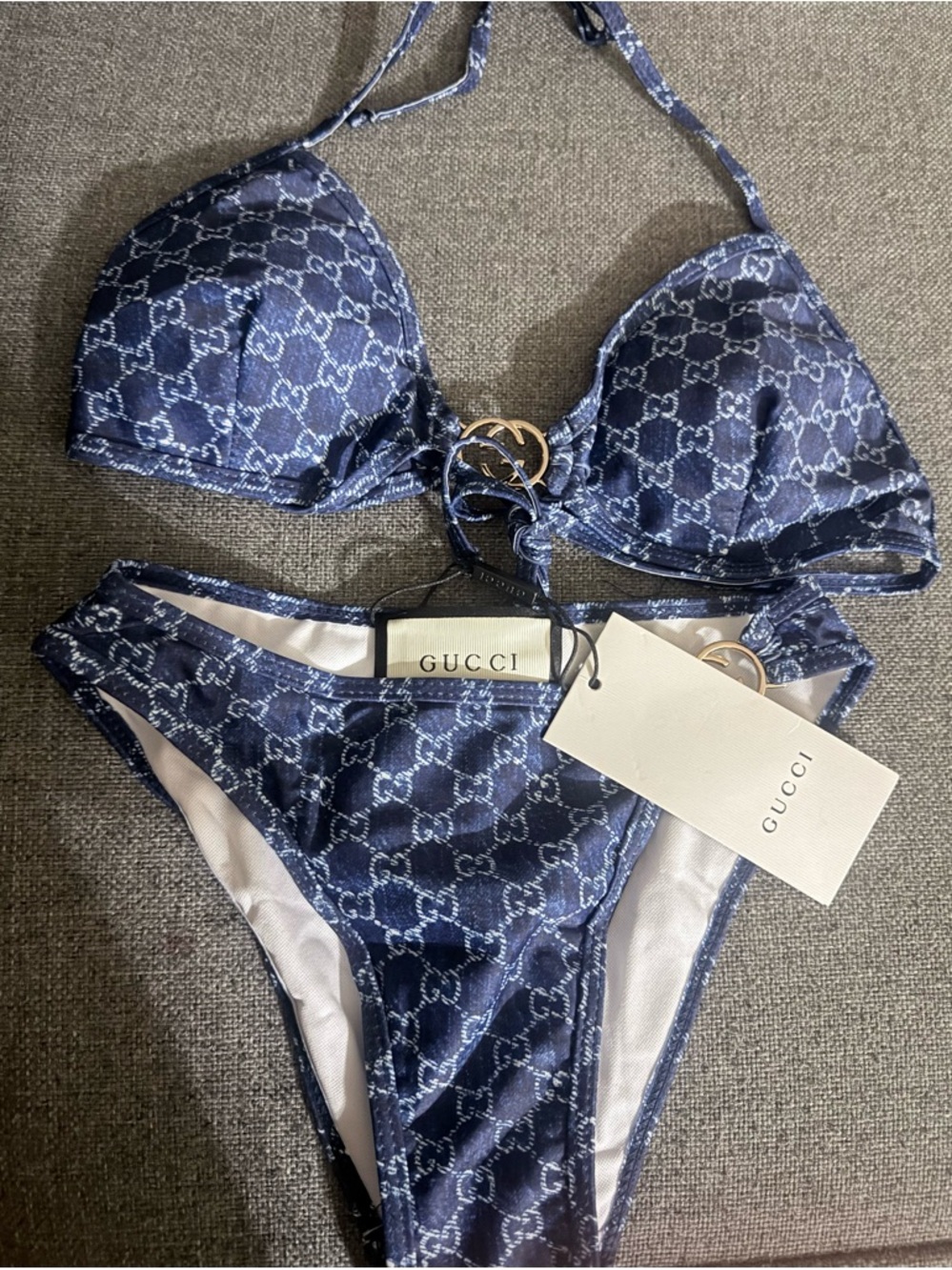 GG Navy Blue Monogram Two-Piece Bikini with Gold Hardware